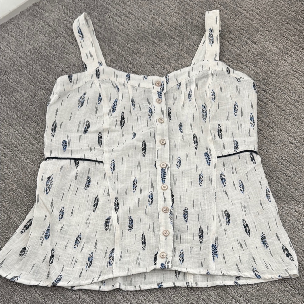Three Stones White and Blue Feather Print Tank Sz M